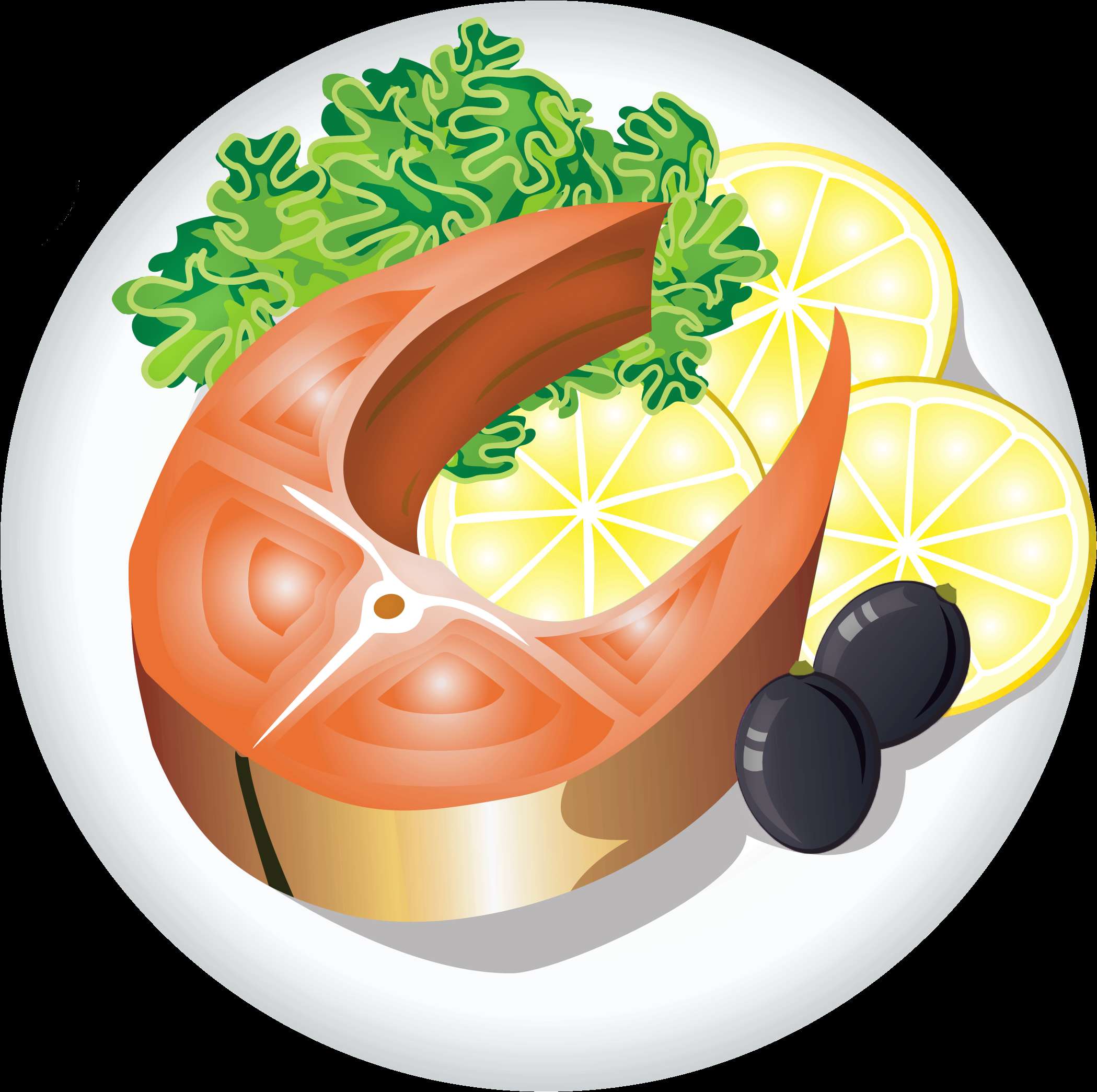 Salmon fillet with lemon parsley and olives on a white plate. — Dish PNG