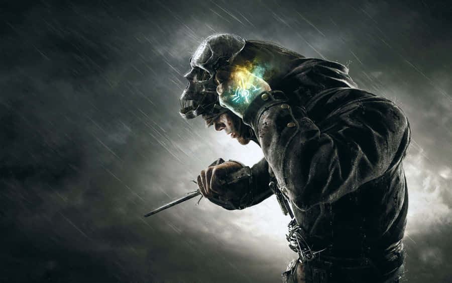 A hooded figure with a glowing skull mask holds a dagger in a storm. — Dishonored 2 Background