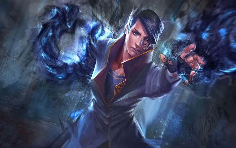 Ein Fantasy-Magier kanalisiert glühende blaue Energie mit beiden Händen in einer dramatischen Pose. — Dishonored 2 Bilder