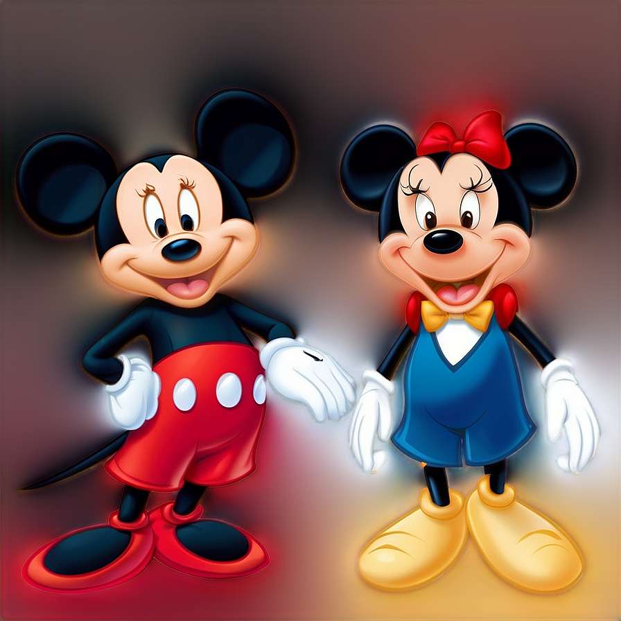 Mickey and Minnie Mouse smiling in their iconic outfits with glowing outlines. — Disney Characters PNG