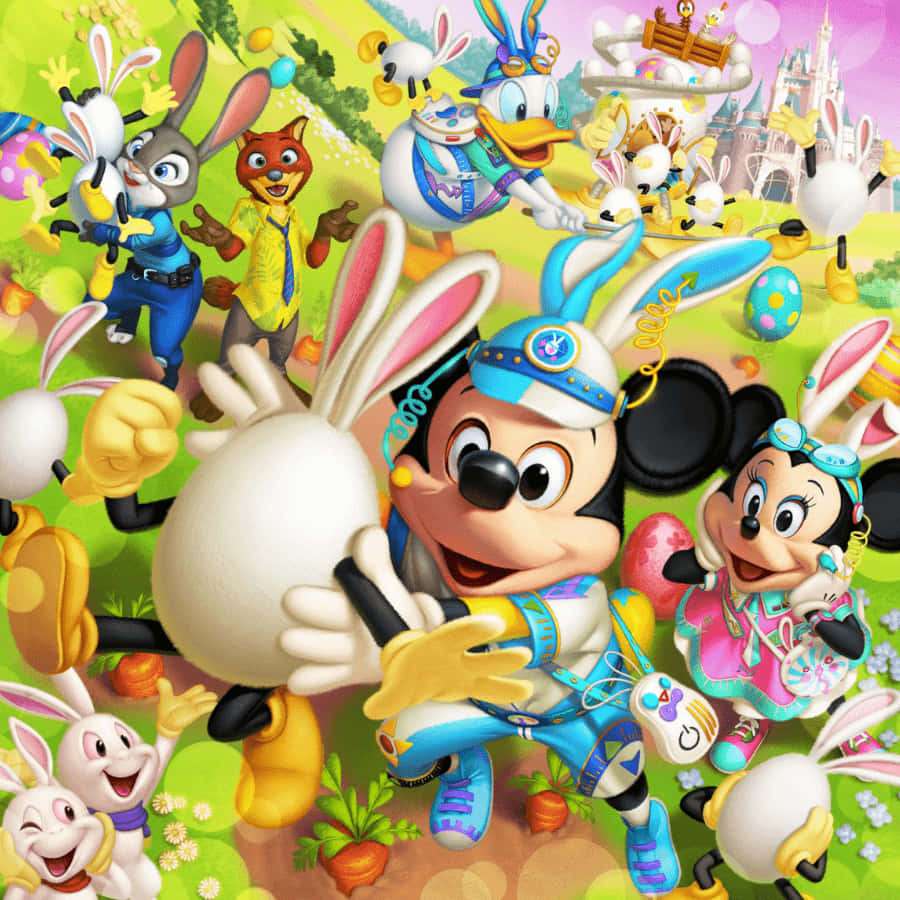 Disney characters in Easter bunny outfits celebrating with giant eggs and carrots. — Disney Easter Wallpaper