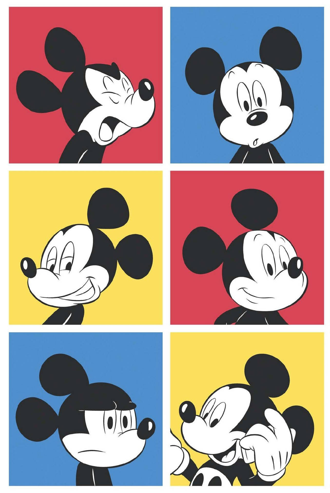 Sexpanels popkonstporträtt av Musse Pigg som visar olika ansiktsuttryck. — Disney mönster Bakgrundsbilder