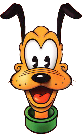 A smiling cartoon dog with orange fur and black ears wearing a green collar. — Disney Pluto Background