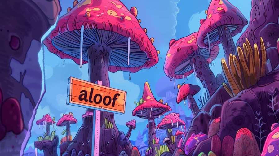Hongos rosas gigantes en un mundo de fantasía de dibujos animados con un letrero que dice aloof. — Distante Fondos de pantalla