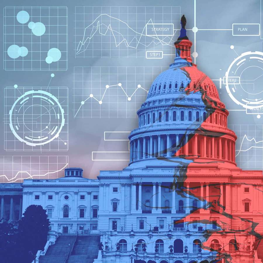 Edificio del Capitolio dividido con mitades azules y rojas y superposiciones de datos digitales. — Dividido Fondos de pantalla