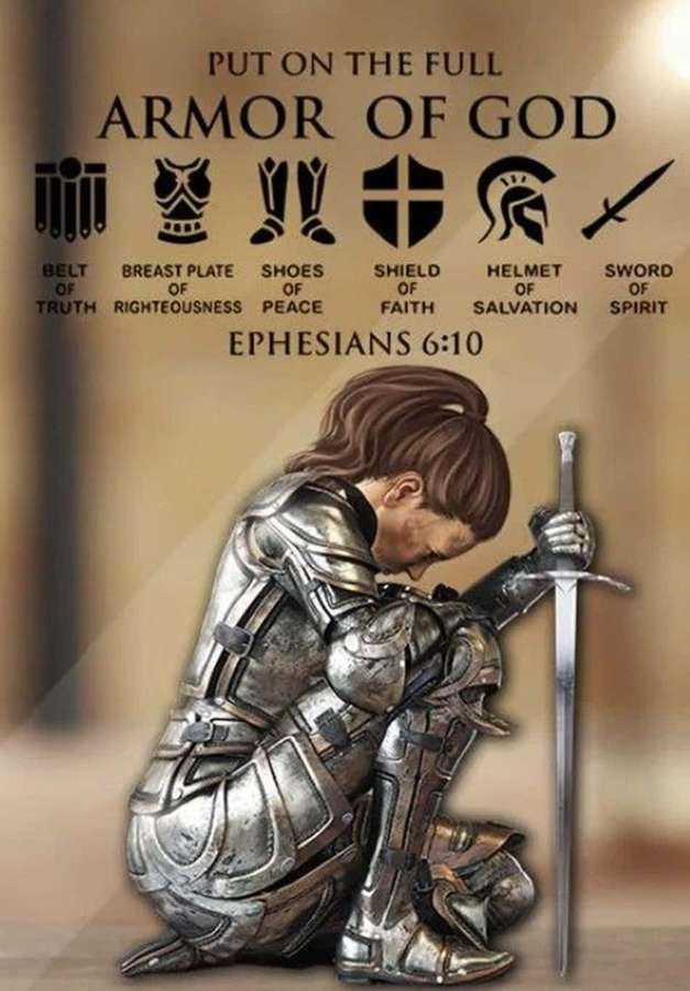 A knight in full armor kneels holding a sword while praying with biblical armor of God text above. — Divine Picture