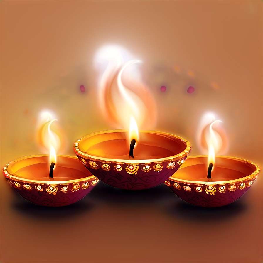 Three lit oil lamps with decorative patterns glowing warmly. — Diwali Crackers PNG