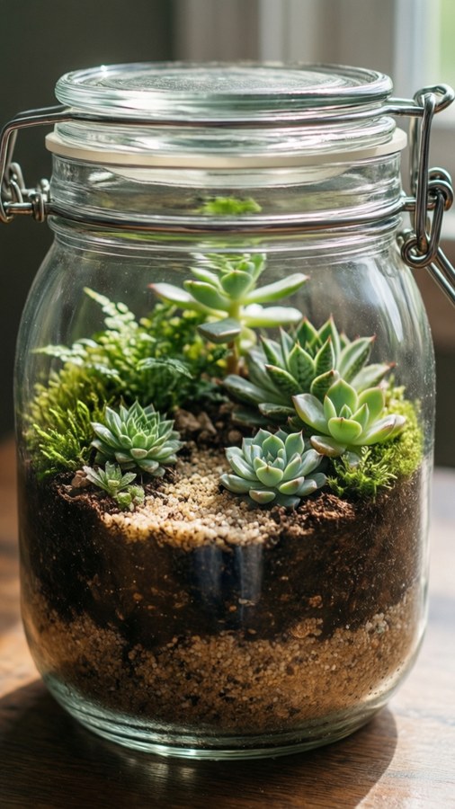 A detailed macro shot of a homemade terrarium with succulents. — Diy Wallpaper