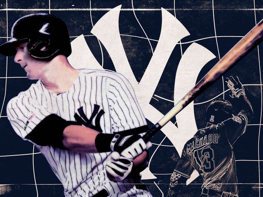 Baseball player in pinstripe uniform swinging bat with Yankees logo background. — Dj Lemahieu Wallpaper