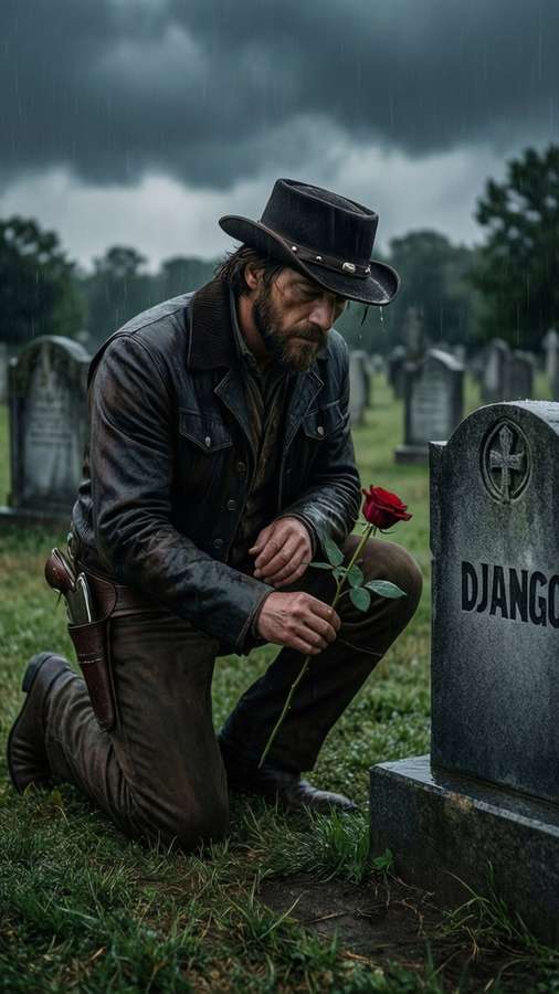 Django mourns at a grave, placing a rose in the rain, somber and emotional. — Django Picture
