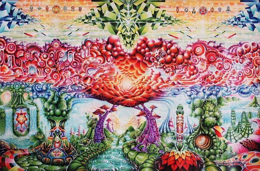 Surreale Fantasielandschaft mit glühenden roten Wolken und bunten organischen Strukturen. — Dmt Bilder