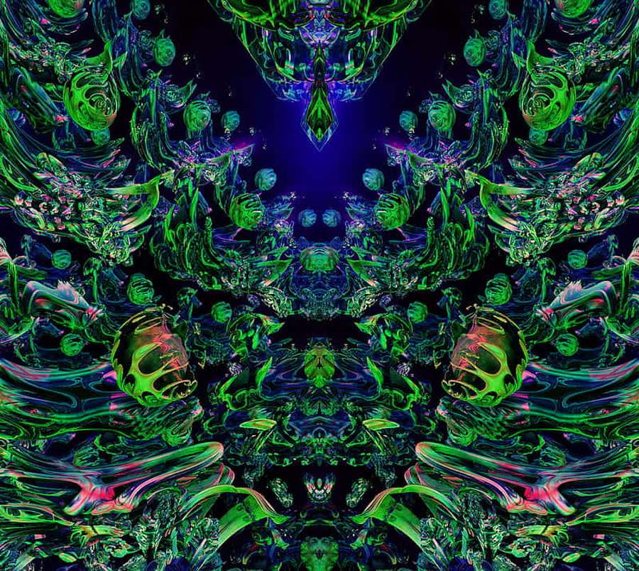 Symmetrische digitale Fraktalkunst mit neongrünen und violetten leuchtenden Mustern. — Dmt Hintergrundbild