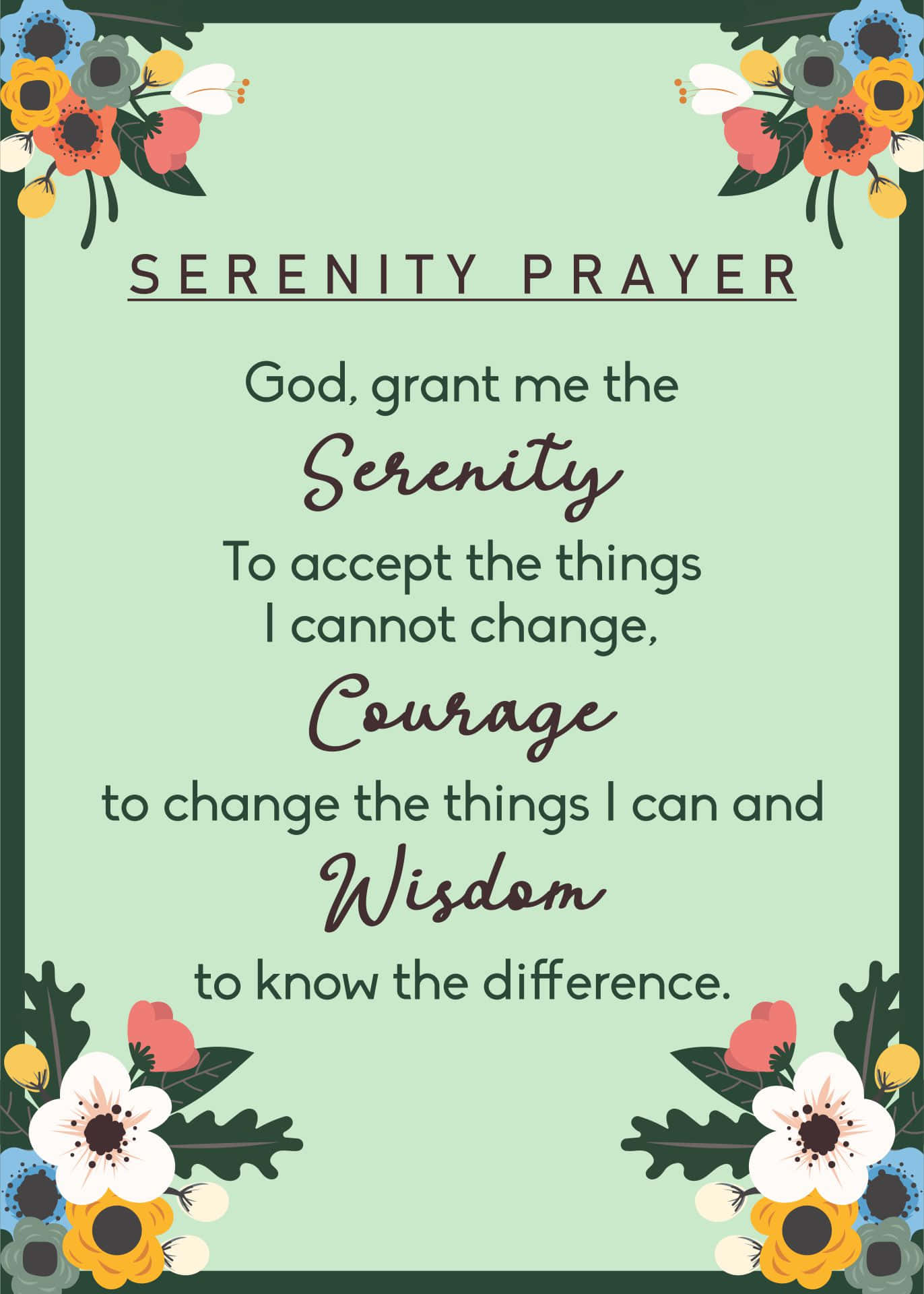 Teks Doa Serenity dikelilingi oleh dekorasi bunga pada latar belakang hijau lembut. — Doa Wallpaper