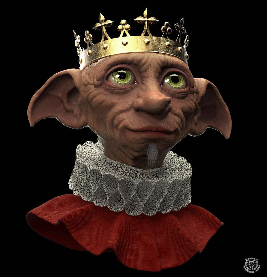 Goblin king with gold crown and red ruffled collar against black background — Dobby Background