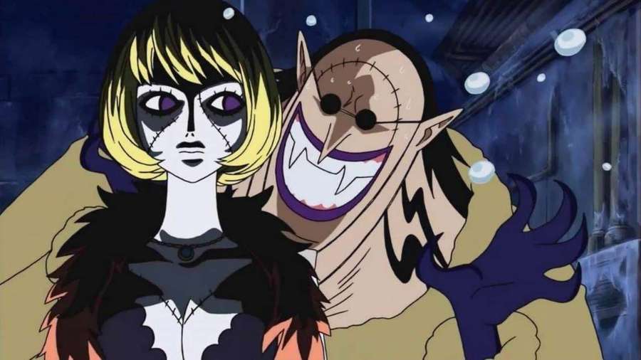 Two stitched-faced anime villains in icy environment with floating bubbles. — Doctor Hogback Wallpaper