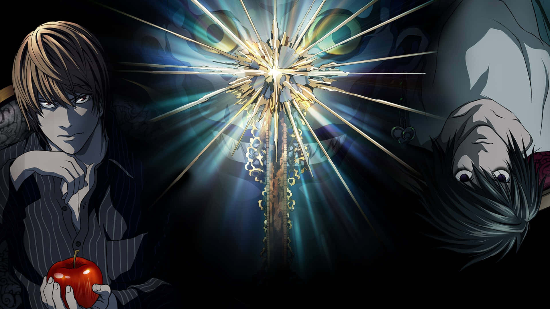To anime-figurer med et glødende sværd og rødt æble i en mørk scene. — Død Note 4K Wallpapers