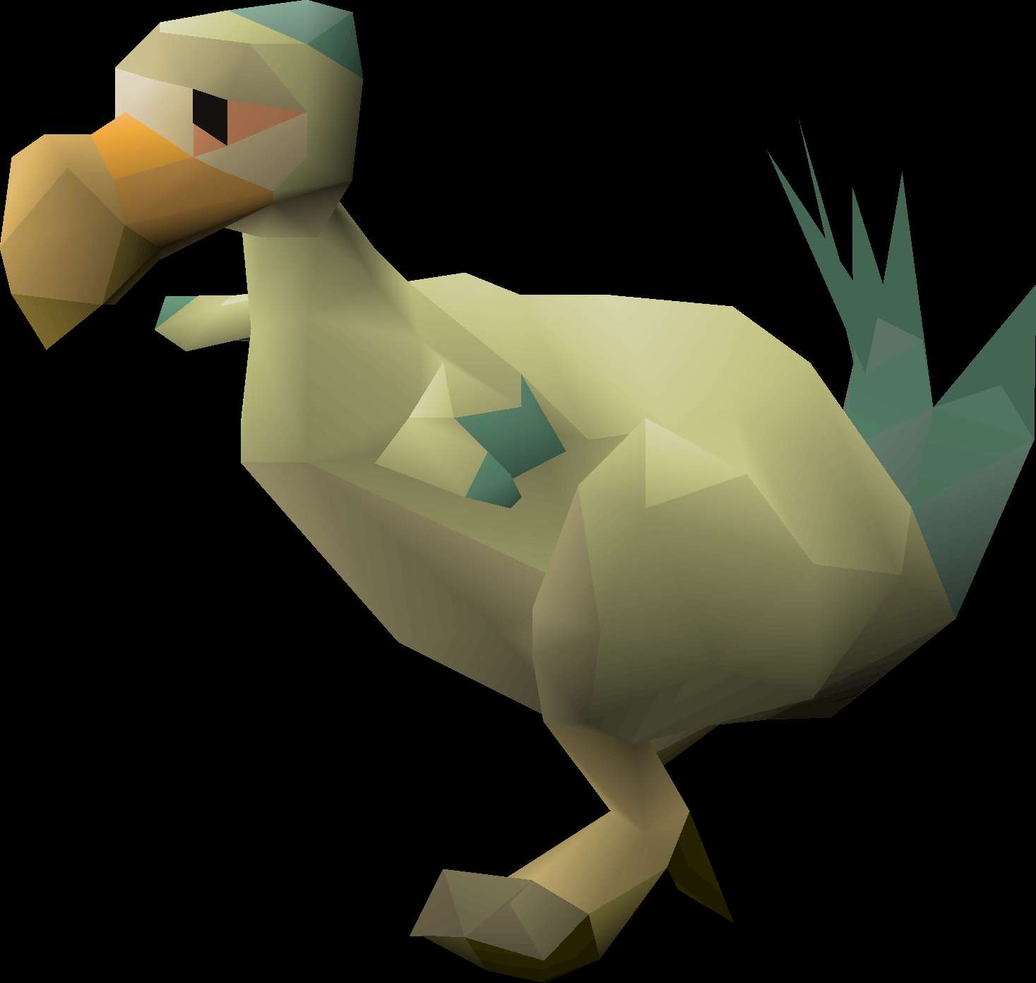 Low-poly dodo bird with beige body and teal tail against black background — Dodo PNG