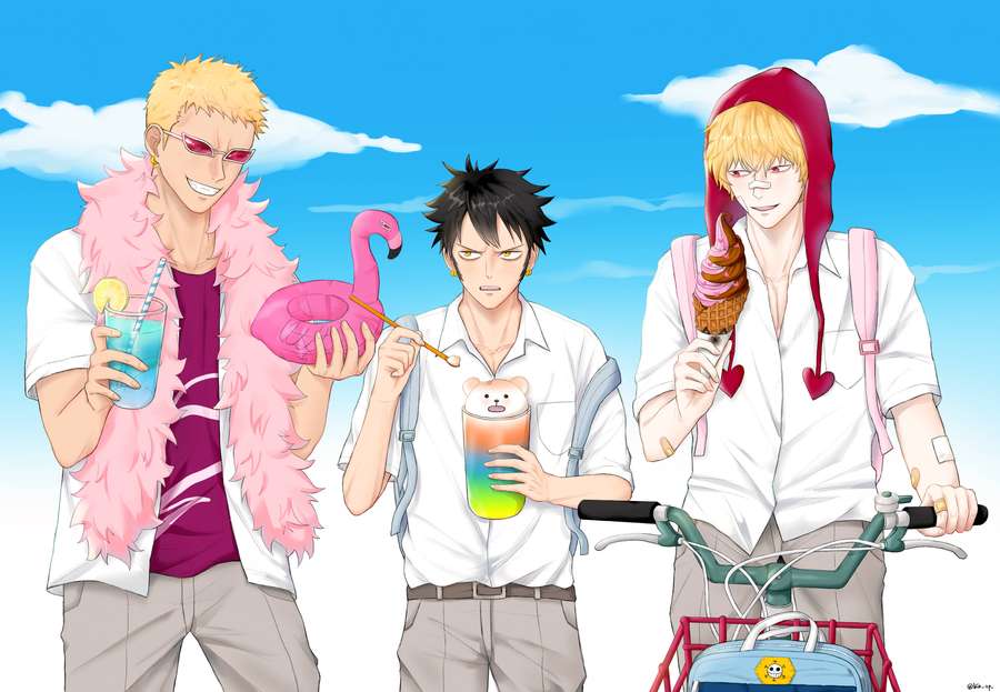 Three anime boys with drinks and ice cream under a sunny sky. — Doflamingo Picture