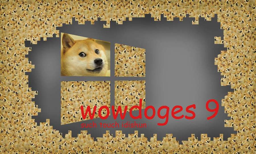 Windows 9 style window with Shiba Inu dog meme and text wowdoggles 9 surrounded by dog faces. — Dog Clothing Wallpaper