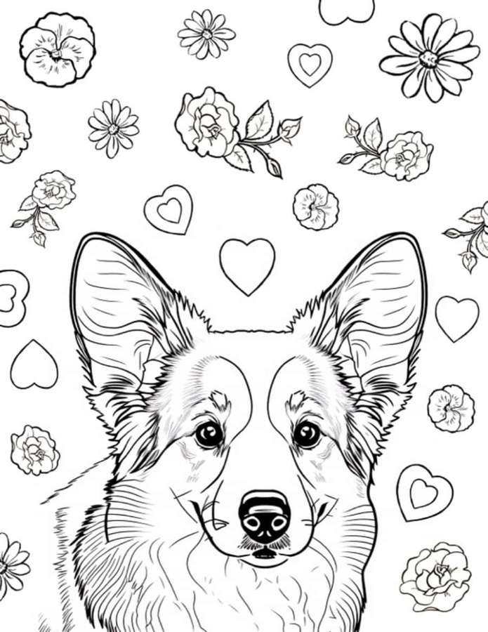 A corgi dog surrounded by flowers and hearts in a coloring book style. — Dog Coloring Picture