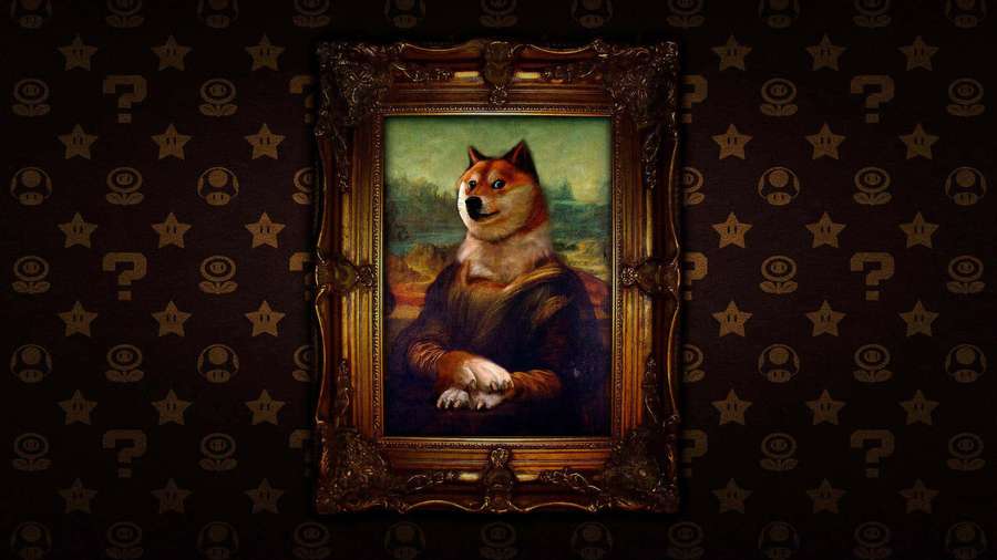 Doge in Mona Lisa pose framed on mushroom and question mark wallpaper. — Dog Memes Wallpaper
