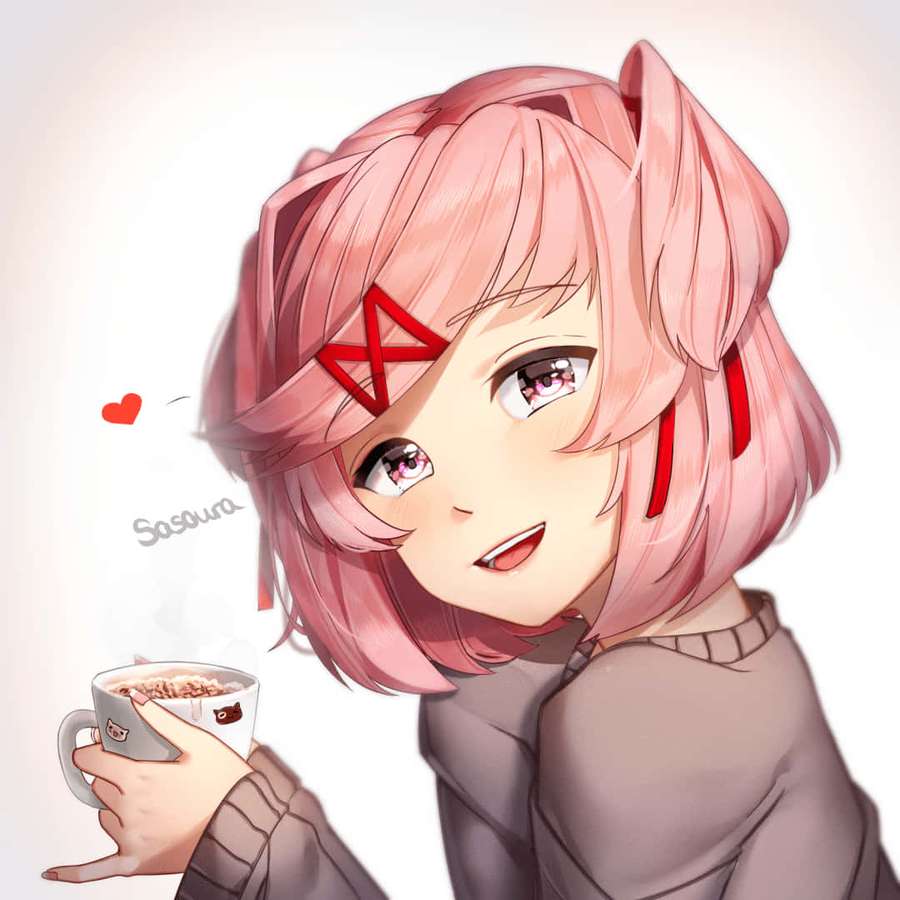 Anime-Mädchen mit rosa Haaren, das eine dampfende Tasse heiße Schokolade hält, mit einem schwebenden Herzen in der Nähe. — Doki Doki Bilder