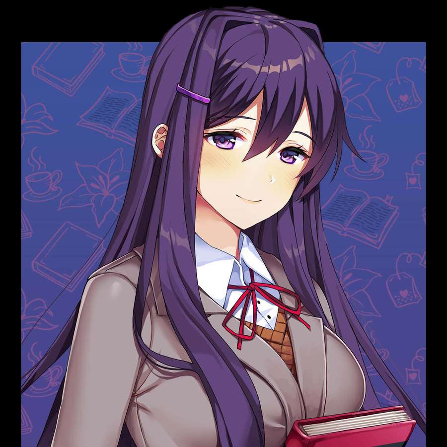 Chica anime con cabello púrpura sosteniendo un libro rojo sobre un fondo azul estampado. — Doki Doki Fondos de pantalla