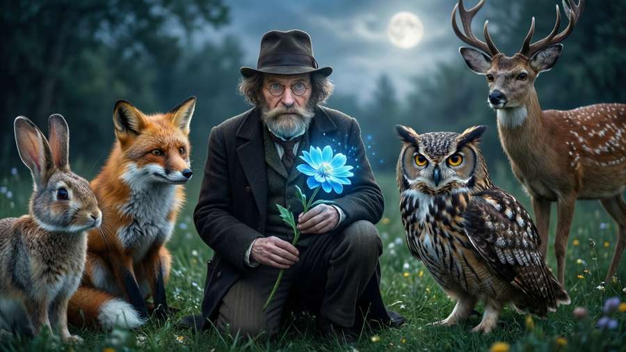 Dolittle with glowing flower and animals — Dolittle Picture