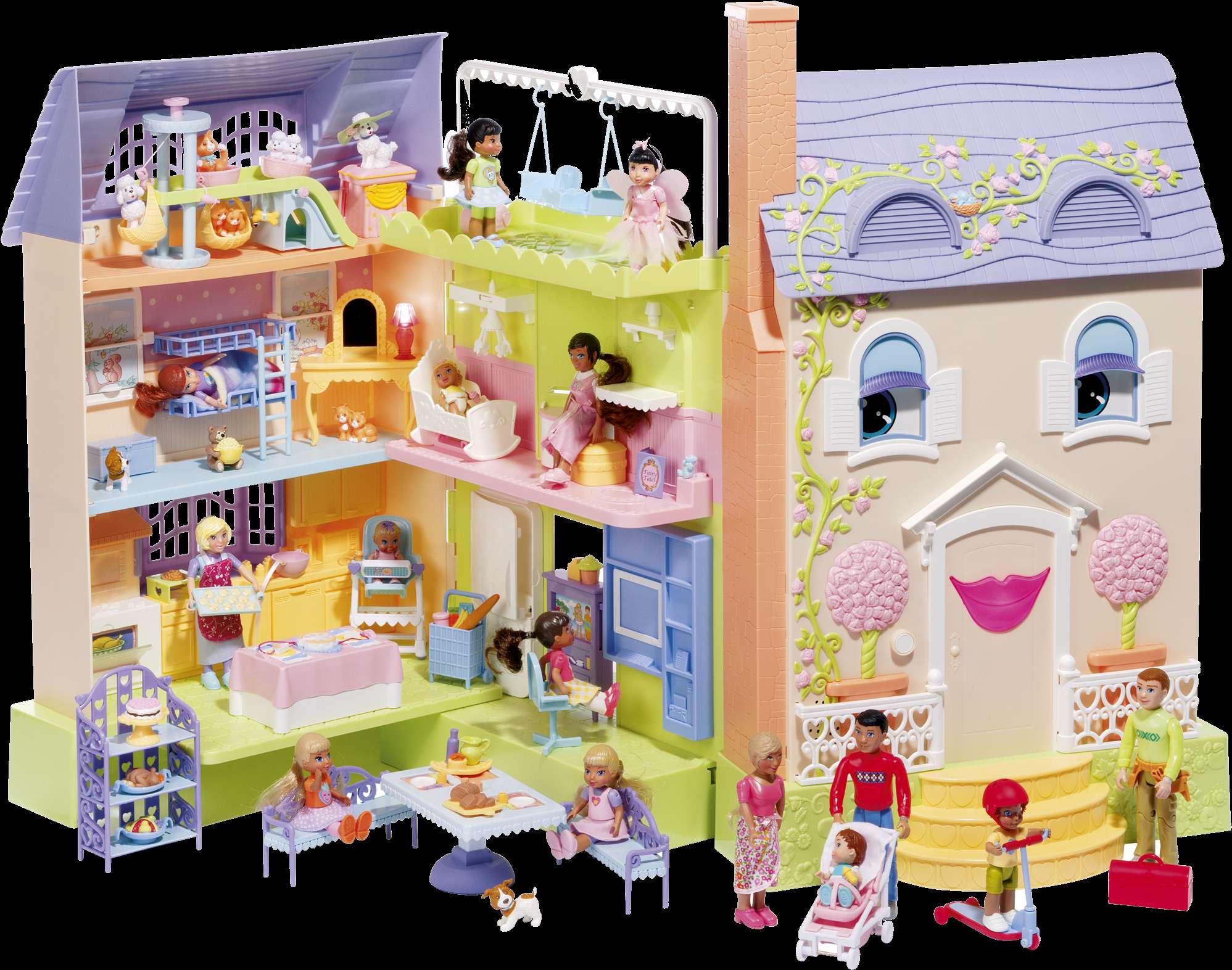 A detailed dollhouse with miniature people and furniture, featuring whimsical eye-shaped windows and a playful outdoor scene. — Doll PNG
