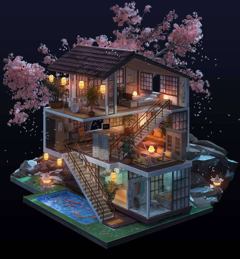 A glowing Japanese house at night with cherry blossoms and koi pond. — Dollhouse Background