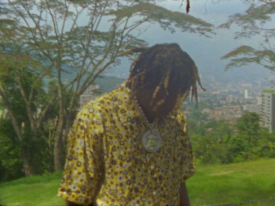 Person with dreadlocks in yellow floral shirt overlooking city from hillside. — Don Toliver Wallpaper
