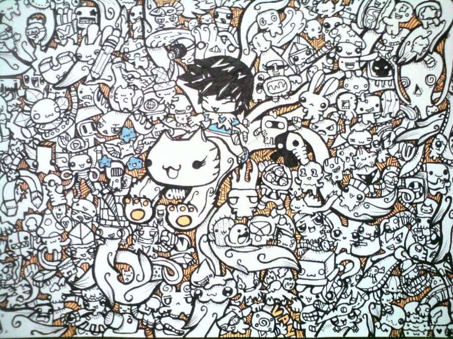 A chaotic joyful doodle filled with many cute cartoon characters and creatures. — Doodle Background