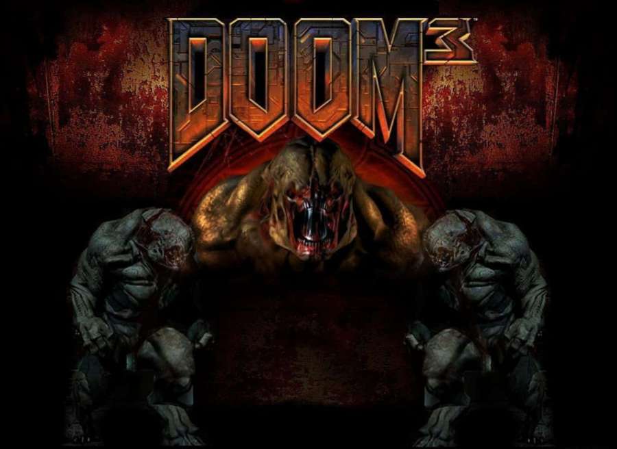 Three demonic creatures with glowing eyes and sharp teeth flank the Doom 3 logo. — Doom 3 Background