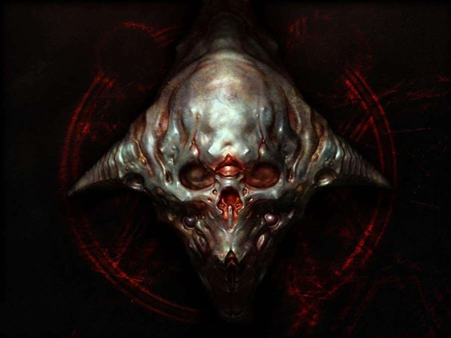 Ein bedrohlicher Alien-Schädel mit glühenden roten Augen und Hörnern vor einem dunkelroten Symbolhintergrund. — Doom 3 Bilder