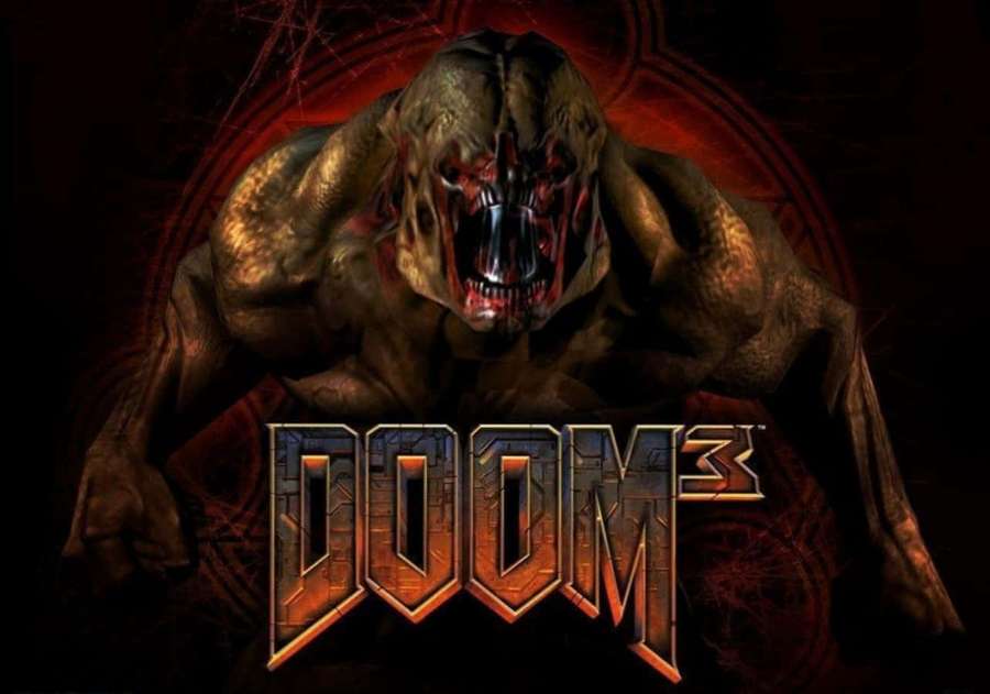 A demonic monster with glowing eyes and sharp teeth roars in front of the DOOM 3 logo. — Doom 3 Wallpaper