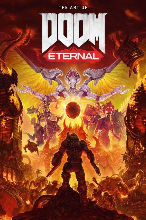 Warrior faces demonic boss in fiery hellish battlefield from Doom Eternal. — Doom Eternal iPhone Wallpaper