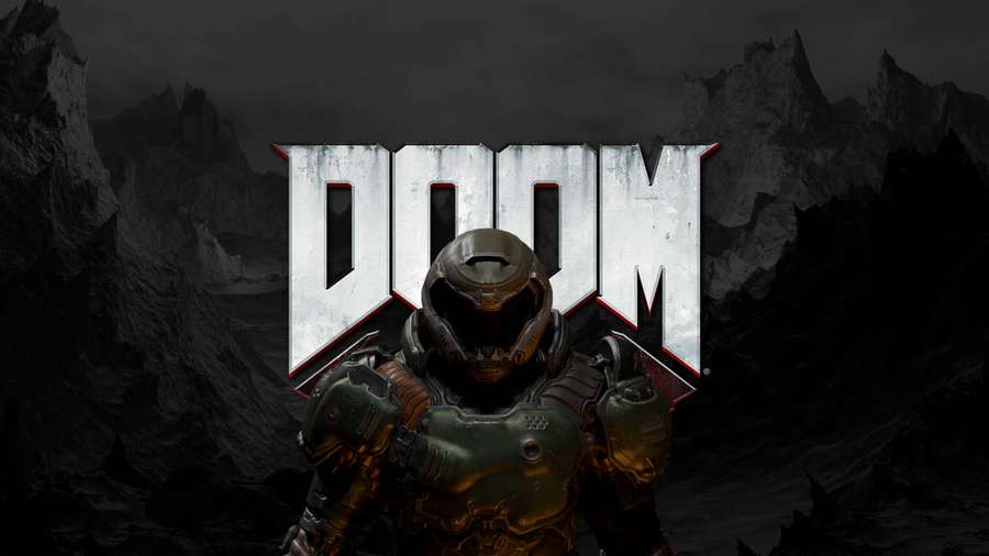 Doom soldier in armor standing before the game logo against dark mountains. — Doom Game Wallpaper