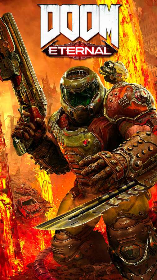 Doom Eternal warrior in fiery hellish urban battlefield holding weapons. — Doom iPhone Wallpaper