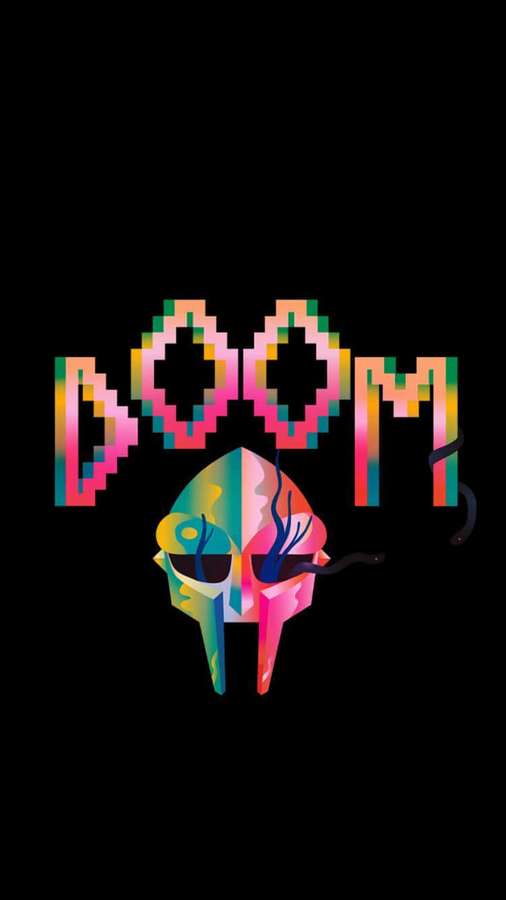 Buntes pixeliges DOOM-Logo und Totenkopf auf schwarzem Hintergrund — Doom iPhone Hintergrundbild