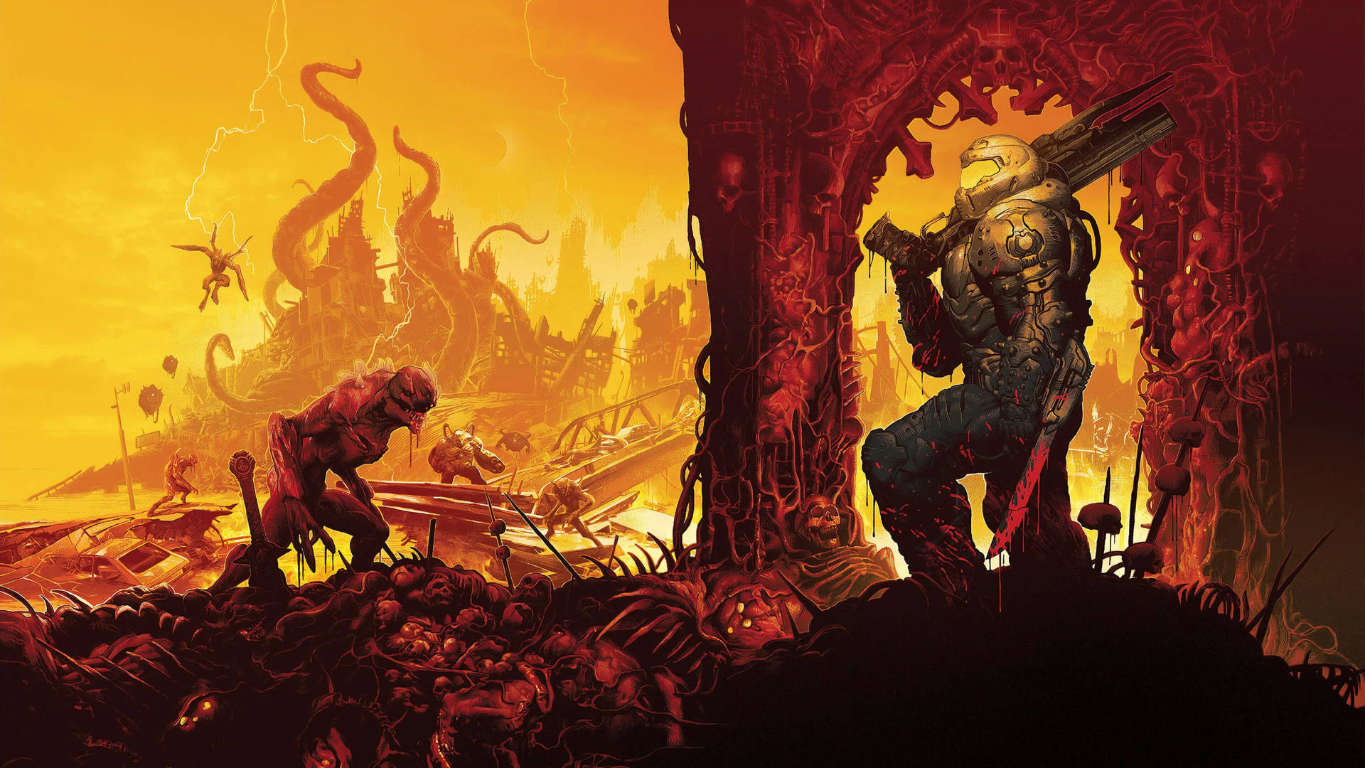 Pansret kriger i helvedes landskab med monstre og lyn. — Doomguy Baggrunde