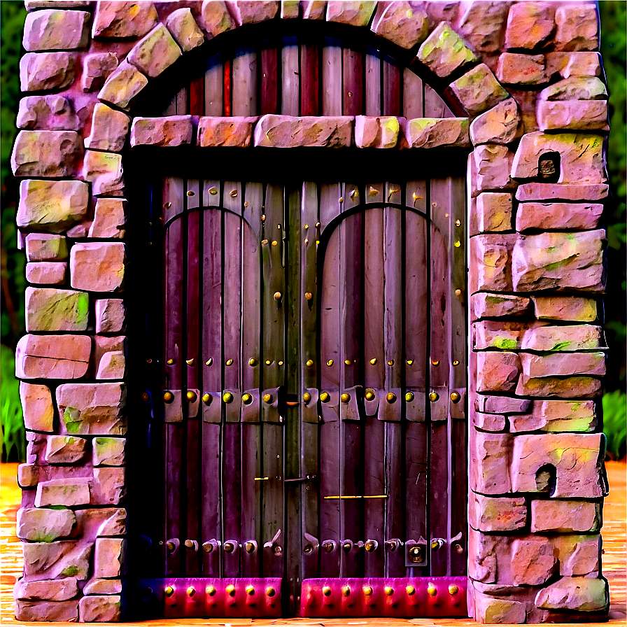 A medieval-style wooden door with iron bars and golden studs in a stone wall. — Door PNG