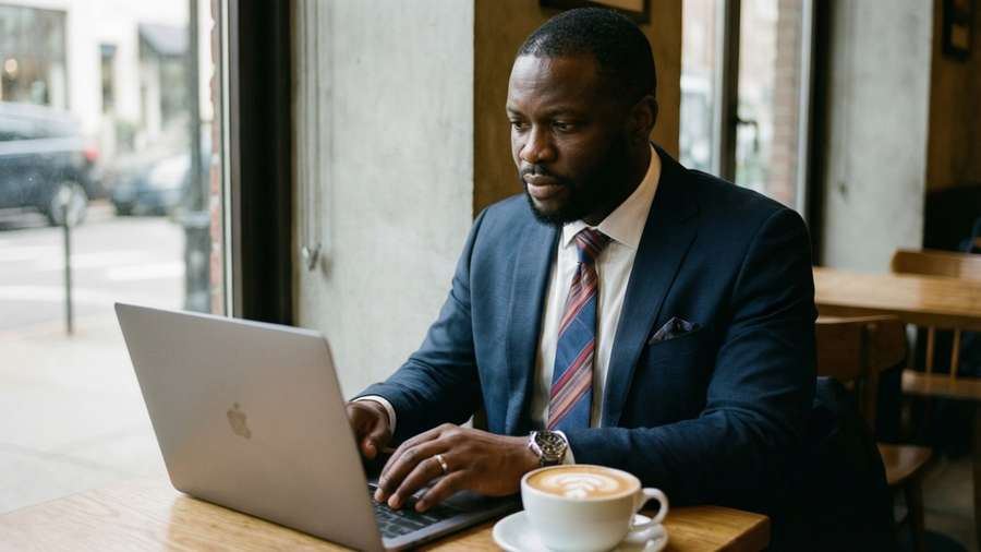 A Black dad in a suit working on a laptop in a cozy coffee shop. — Dope Black Dad Wallpaper