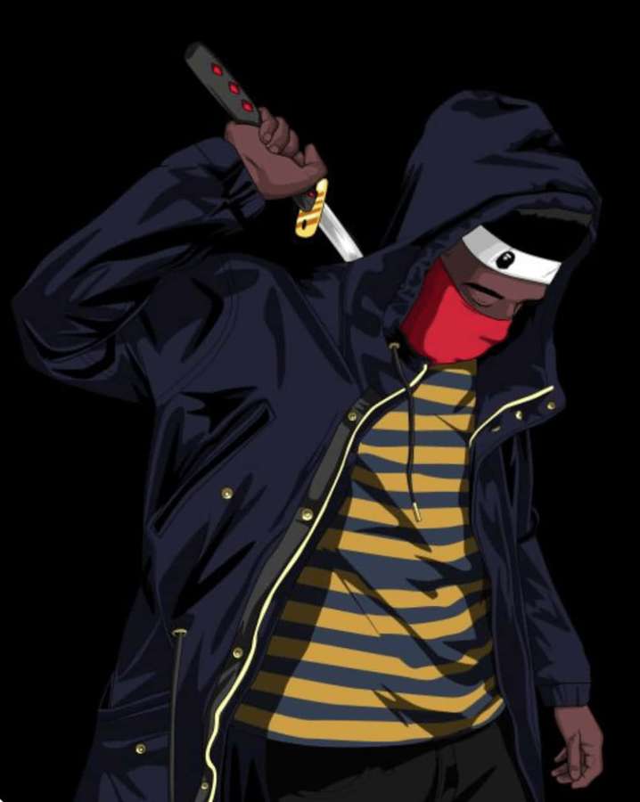Anime character in hoodie holding glowing sword with red mask and striped shirt. — Dope Boy Background