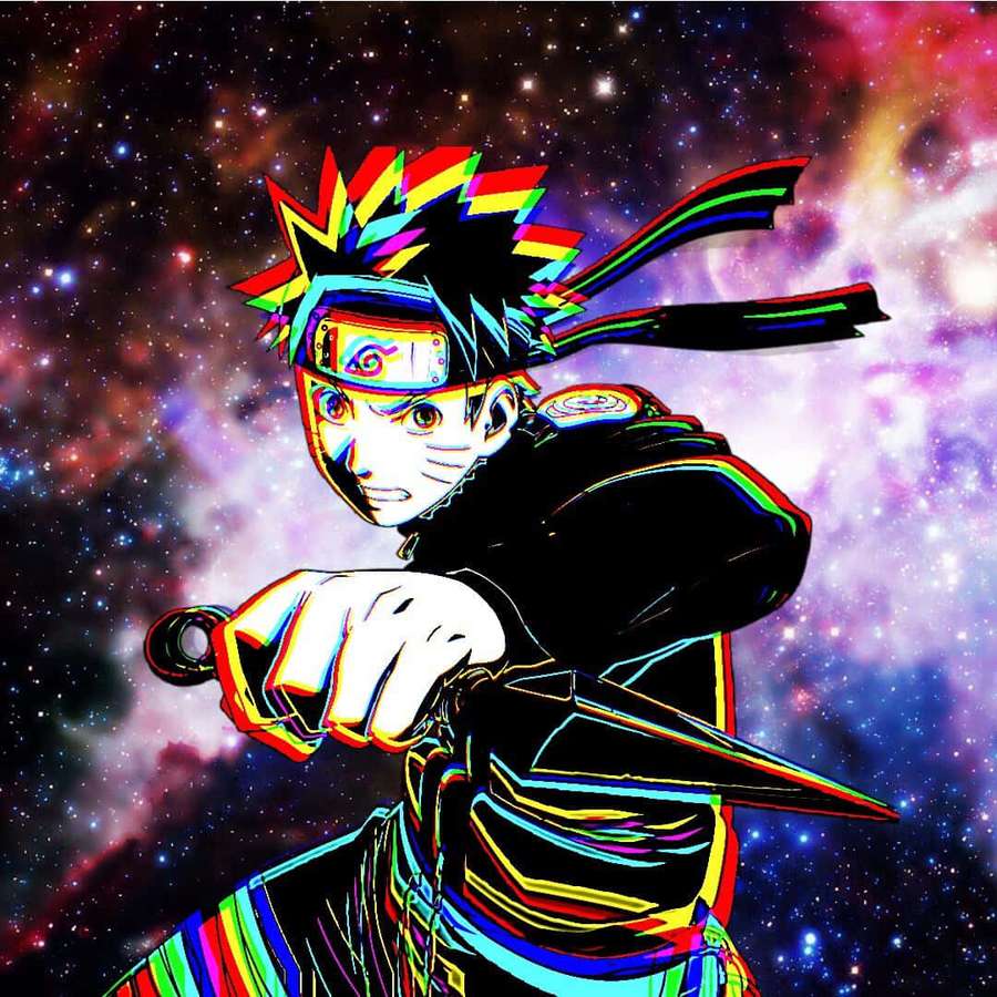Anime-ninjaen Naruto i en kampstilling mod en farverig stjernehimmelbaggrund. — Dope Naruto Wallpapers
