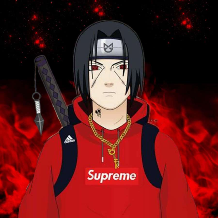 Anime-Ninja in rotem Supreme-Hoodie mit Goldkette und Waffe vor feuerrotem Hintergrund. — Dope Naruto Bilder