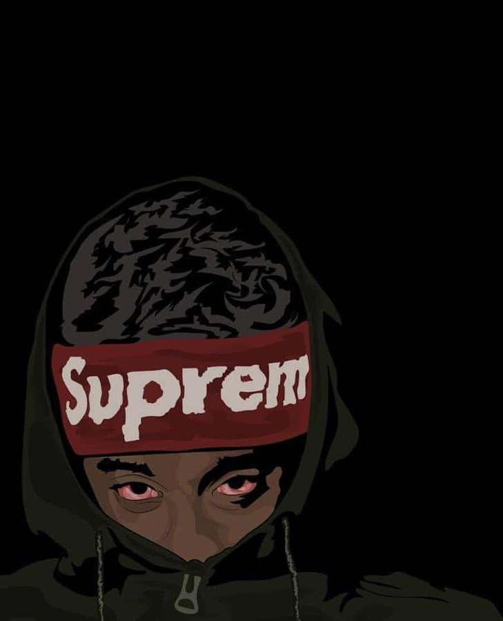 A person in a dark hoodie with glowing red eyes and a red Supreme headband. — Dope Supreme Background