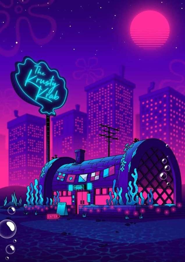 Underwater city with glowing Krusty Krab restaurant and neon signs under pink sunset. — Dope Trippy Background