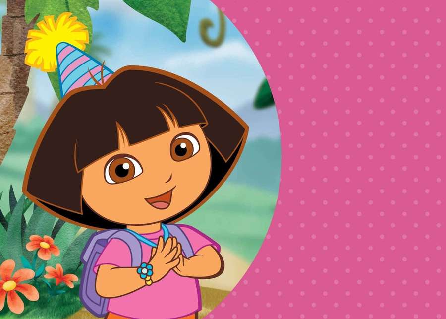 Dora the Explorer in a jungle with flowers and a party hat on a pink polka dot background. — Dora Background