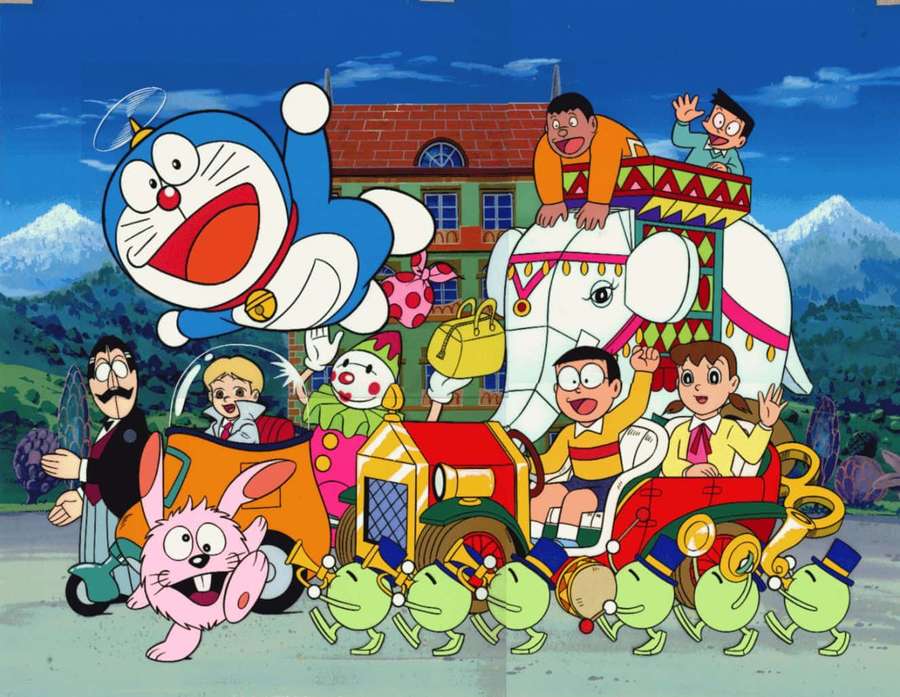 Doraemon and friends in a colorful parade with an elephant and quirky characters. — Doraemon Background