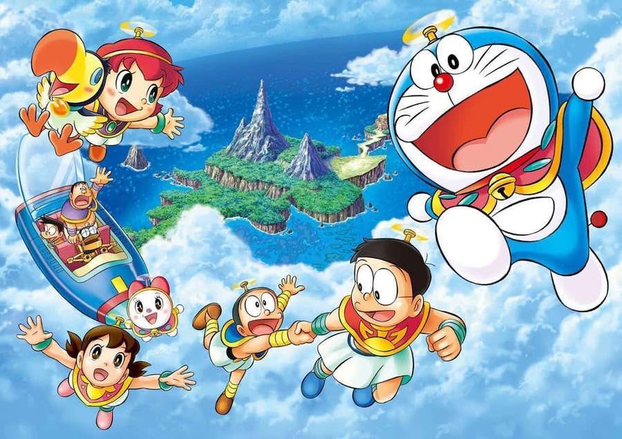 Doraemon and friends flying through the sky above a tropical island. — Doraemon Picture